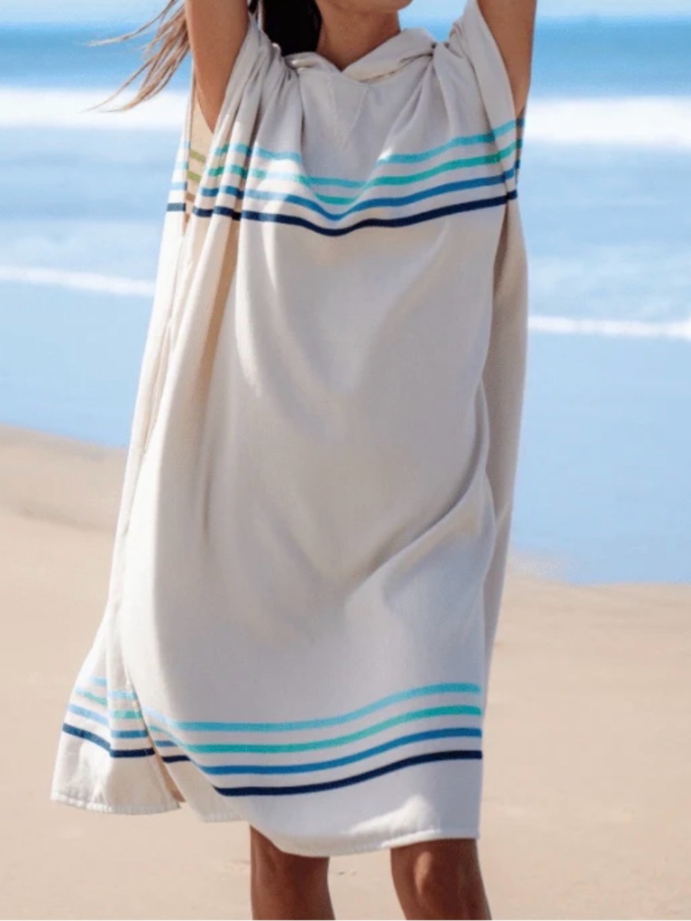 Sand Cloud Hooded Striped Poncho Cover Up Organic Cotton Terrycloth Aqua $80